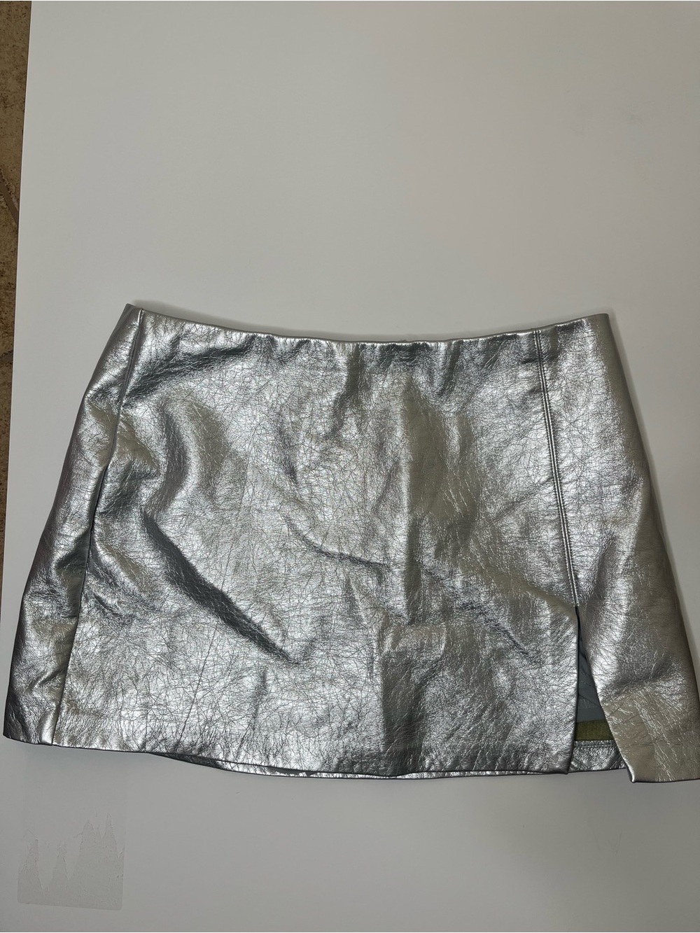 Metallic Silver Mini Skort with Slit - Sleek Faux-Leather